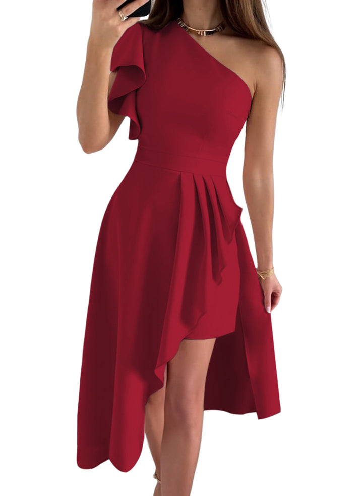 LC6117021-3-S, LC6117021-3-M, LC6117021-3-L, LC6117021-3-XL, Red Dokotoo Womens One Shoulder Sleeveless Empire Waist Ruffle Asymmetrical High Low Bodycon Formal Wedding Guest Midi Dresses