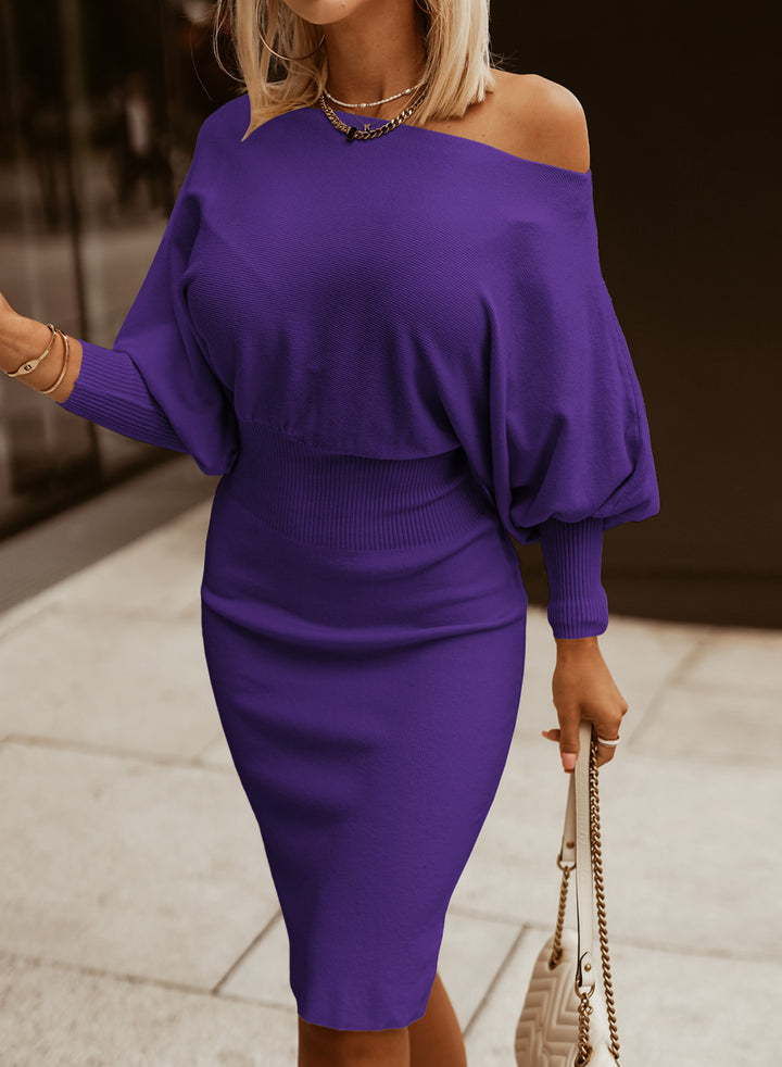 LC273330-8-S, LC273330-8-M, LC273330-8-L, LC273330-8-XL, LC273330-8-2XL, Purple Dokotoo Batwing Sleeves Cinched Waist Ribbed Sweater Dress