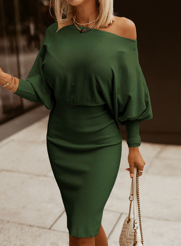 LC273330-9-S, LC273330-9-M, LC273330-9-L, LC273330-9-XL, LC273330-9-2XL, Green Dokotoo Batwing Sleeves Cinched Waist Ribbed Sweater Dress