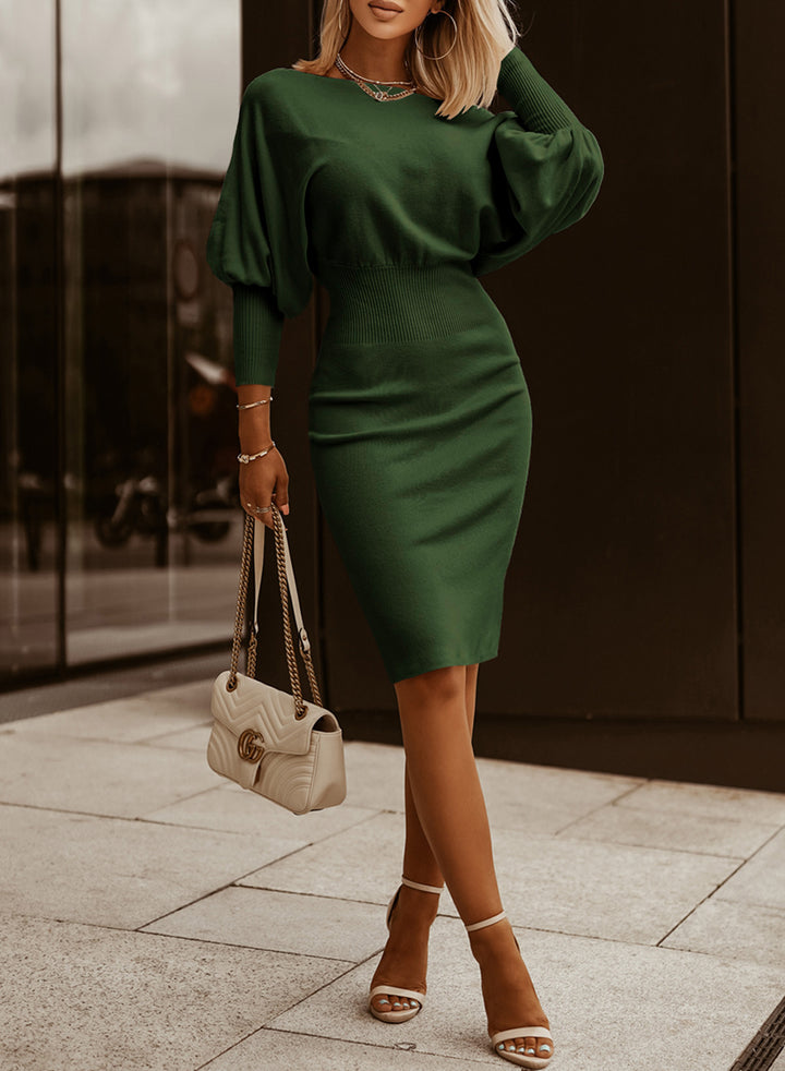 LC273330-9-S, LC273330-9-M, LC273330-9-L, LC273330-9-XL, LC273330-9-2XL, Green Dokotoo Batwing Sleeves Cinched Waist Ribbed Sweater Dress