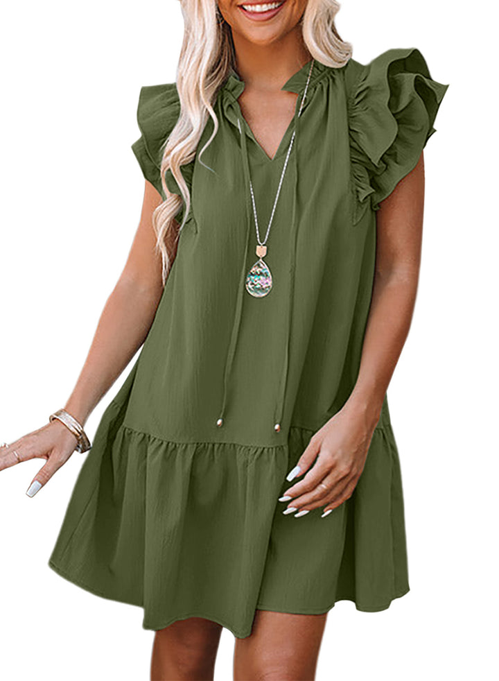 LC6113284-109-S, LC6113284-109-M, LC6113284-109-L, LC6113284-109-XL, Green Dokotoo Womens Summer Dresses 2024 V-Neck Drawstring Ruffle Cap Short Sleeve Casual Side Pockets Mini Dress Sundress