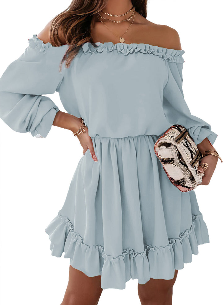 LC6116452-4-S, LC6116452-4-M, LC6116452-4-L, LC6116452-4-XL, Sky Blue Dokotoo Womens Spring 2024 Ruffle Off Shoulder Dress Long Sleeve Elastic Waist A-Line Casual Swing Mini Dresses