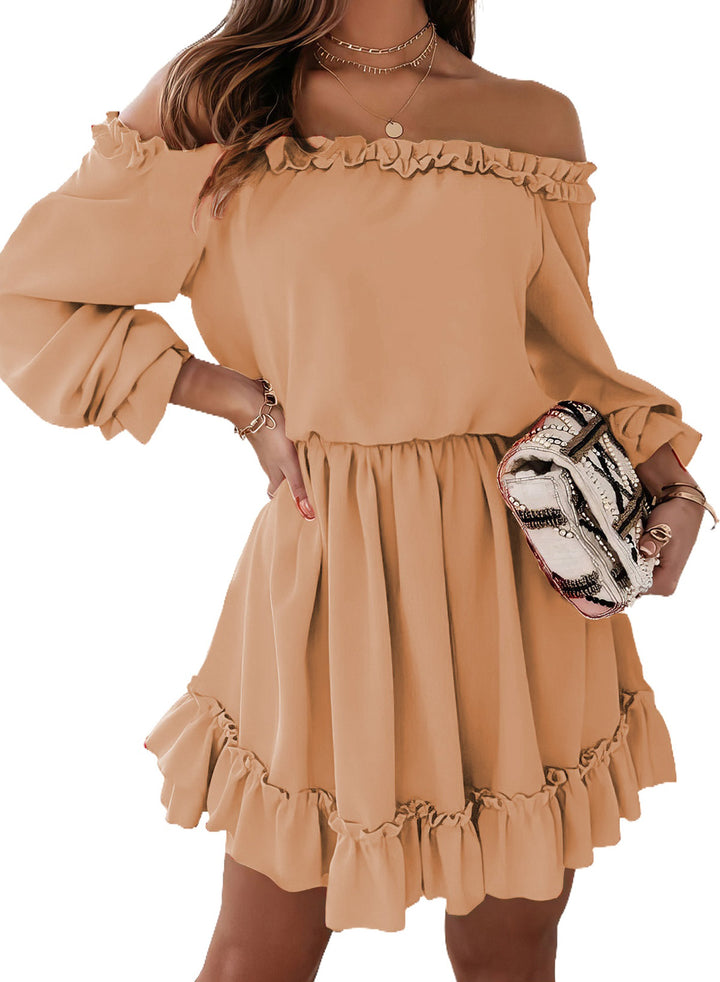 LC6116452-14-S, LC6116452-14-M, LC6116452-14-L, LC6116452-14-XL, Orange Dokotoo Womens Spring 2024 Ruffle Off Shoulder Dress Long Sleeve Elastic Waist A-Line Casual Swing Mini Dresses