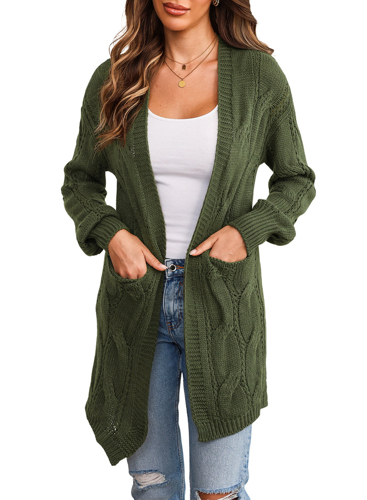 LC2711021-9-S, LC2711021-9-M, LC2711021-9-L, LC2711021-9-XL, LC2711021-9-2XL, Green Dokotoo Ribbed Trim Eyelet Cable Knit Cardigan 