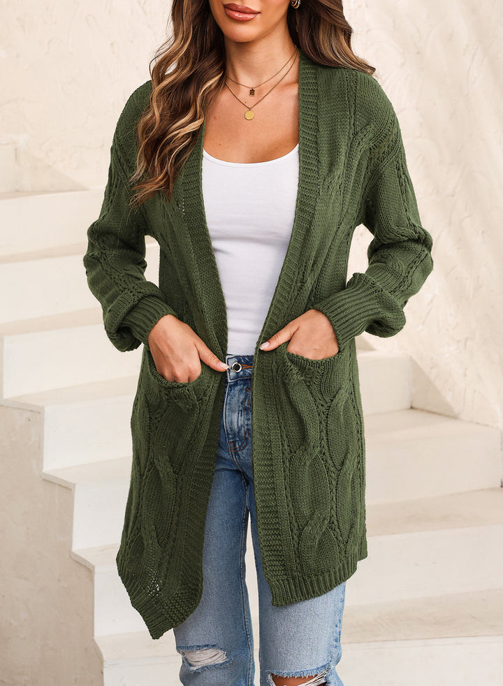 LC2711021-9-S, LC2711021-9-M, LC2711021-9-L, LC2711021-9-XL, LC2711021-9-2XL, Green Dokotoo Ribbed Trim Eyelet Cable Knit Cardigan 