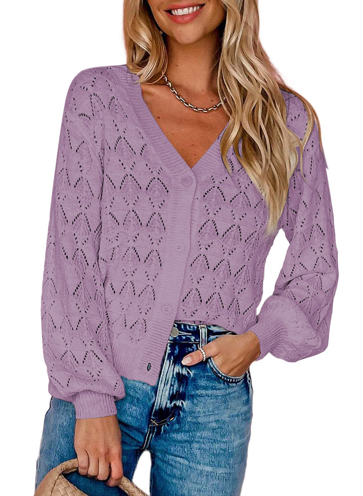 LC271897-8-S, LC271897-8-M, LC271897-8-L, LC271897-8-XL, LC271897-8-2XL, Purple Dokotoo Cropped Cardigan Sweaters for Women Long Sleeve Crochet Knit Shrug Open Front V-Neck Button up Tops