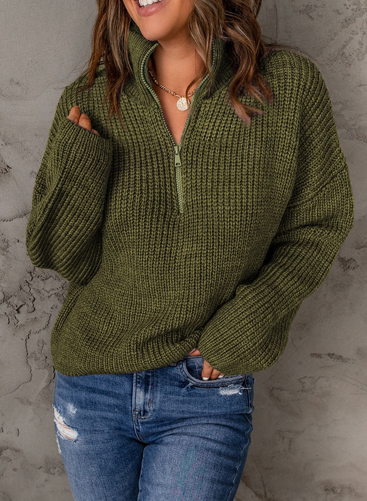 LC2722225-9-S, LC2722225-9-M, LC2722225-9-L, LC2722225-9-XL, LC2722225-9-2XL, Green Dokotoo Zipped Turtleneck Drop Shoulder Knit Sweater