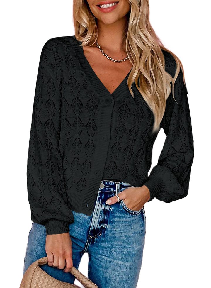 LC271897-2-S, LC271897-2-M, LC271897-2-L, LC271897-2-XL, LC271897-2-2XL, Black Dokotoo Cropped Cardigan Sweaters for Women Long Sleeve Crochet Knit Shrug Open Front V-Neck Button up Tops