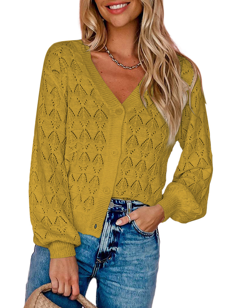 LC271897-7-S, LC271897-7-M, LC271897-7-L, LC271897-7-XL, LC271897-7-2XL, Yellow Dokotoo Cropped Cardigan Sweaters for Women Long Sleeve Crochet Knit Shrug Open Front V-Neck Button up Tops