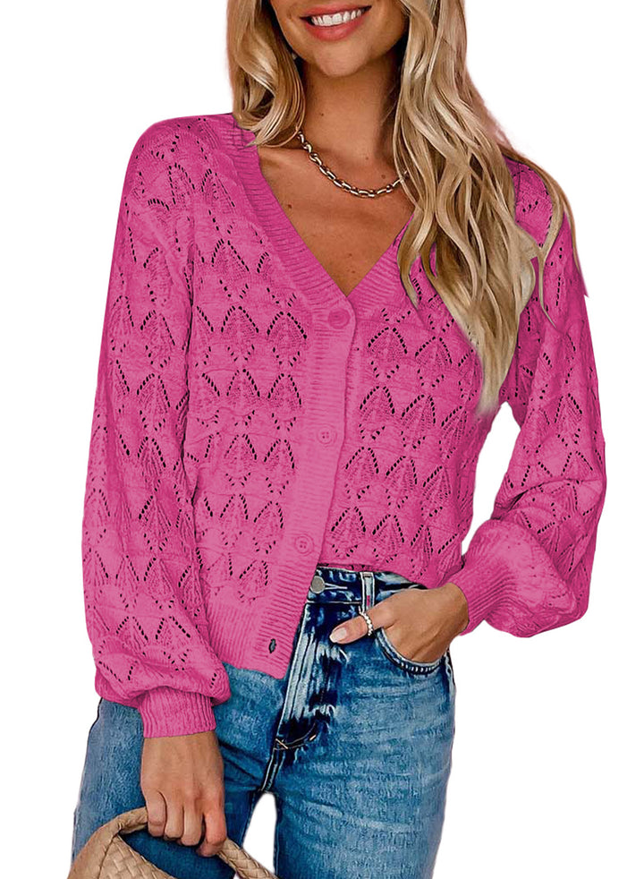 LC271897-6-S, LC271897-6-M, LC271897-6-L, LC271897-6-XL, LC271897-6-2XL, Rose Dokotoo Cropped Cardigan Sweaters for Women Long Sleeve Crochet Knit Shrug Open Front V-Neck Button up Tops