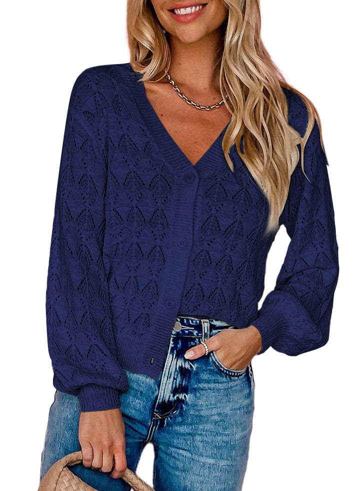 LC271897-5-S, LC271897-5-M, LC271897-5-L, LC271897-5-XL, LC271897-5-2XL, Blue Dokotoo Cropped Cardigan Sweaters for Women Long Sleeve Crochet Knit Shrug Open Front V-Neck Button up Tops
