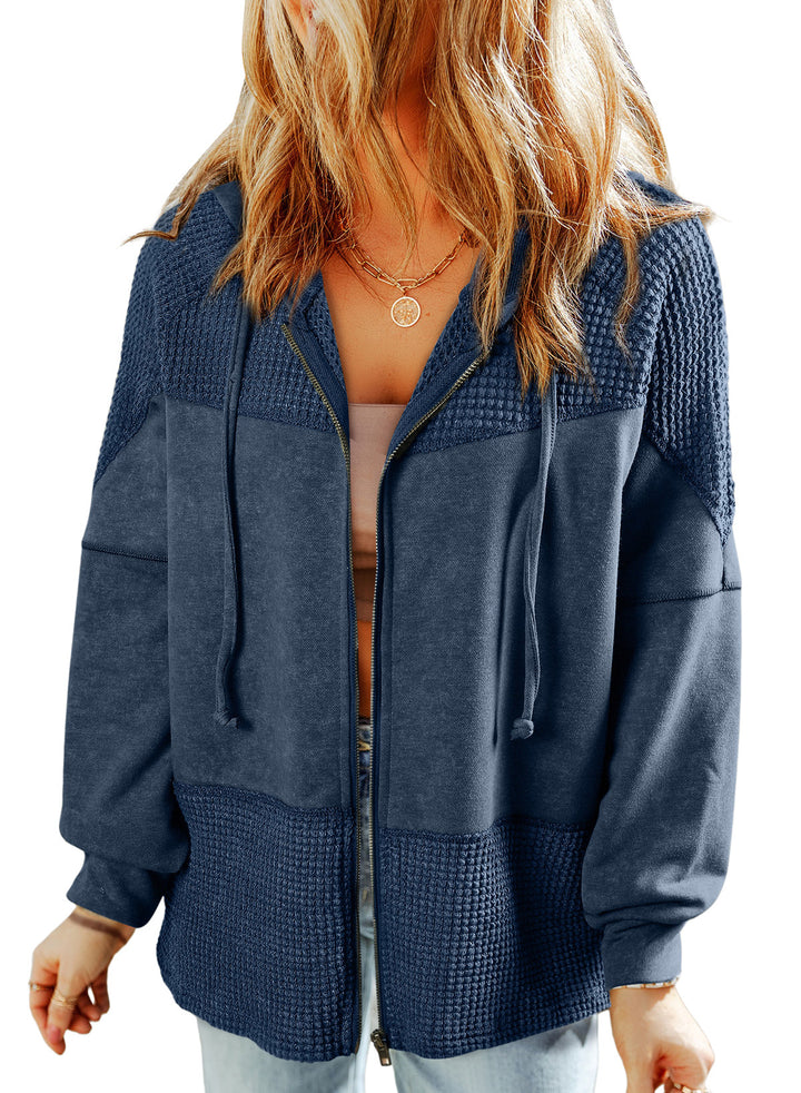 LC8512733-5-S, LC8512733-5-M, LC8512733-5-L, LC8512733-5-XL, LC8512733-5-2XL, Blue Dokotoo Waffle Knit Hoodies for Womens Zip Up Drawstring Fall Casual Trendy Clothing Jackets