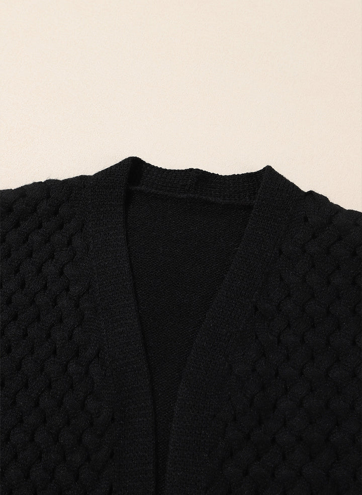 LC271545-2-S, LC271545-2-M, LC271545-2-L, LC271545-2-XL, LC271545-2-2XL, Black Dokotoo Open Front Woven Texture Knitted Cardigan with Pockets