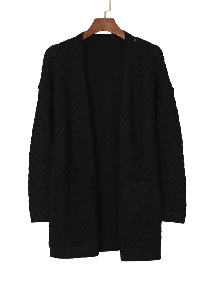 LC271545-2-S, LC271545-2-M, LC271545-2-L, LC271545-2-XL, LC271545-2-2XL, Black Dokotoo Open Front Woven Texture Knitted Cardigan with Pockets