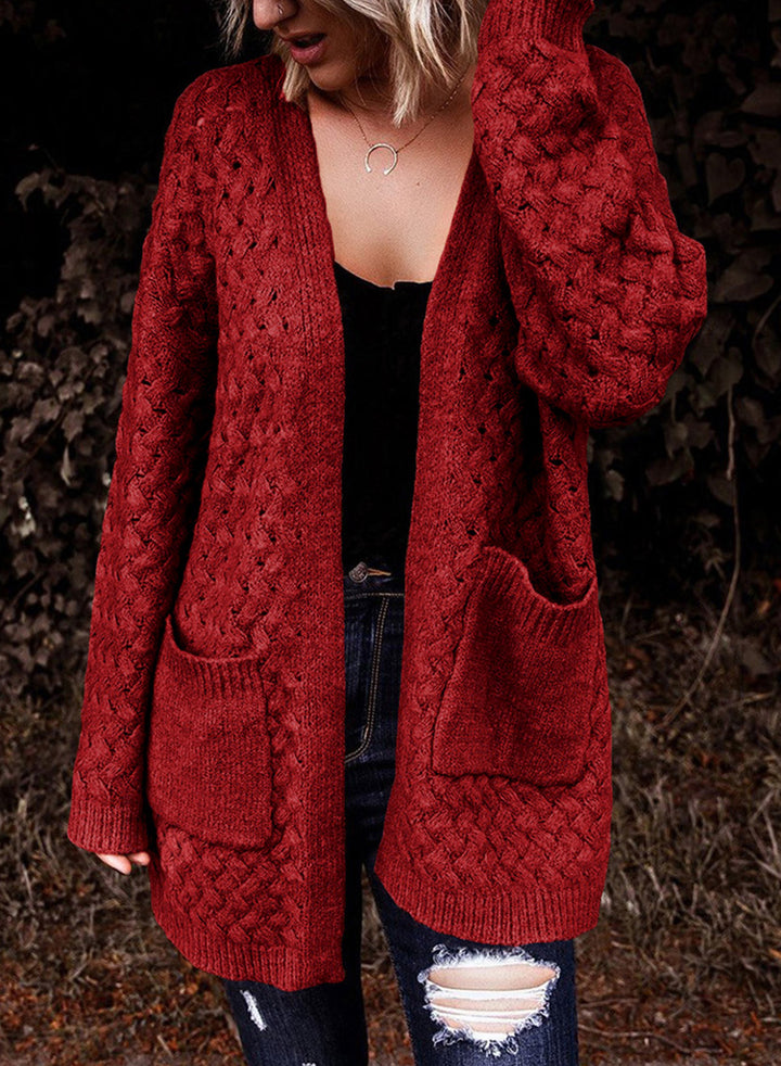 LC271545-3-S, LC271545-3-M, LC271545-3-L, LC271545-3-XL, LC271545-3-2XL, Red Dokotoo Open Front Woven Texture Knitted Cardigan with Pockets