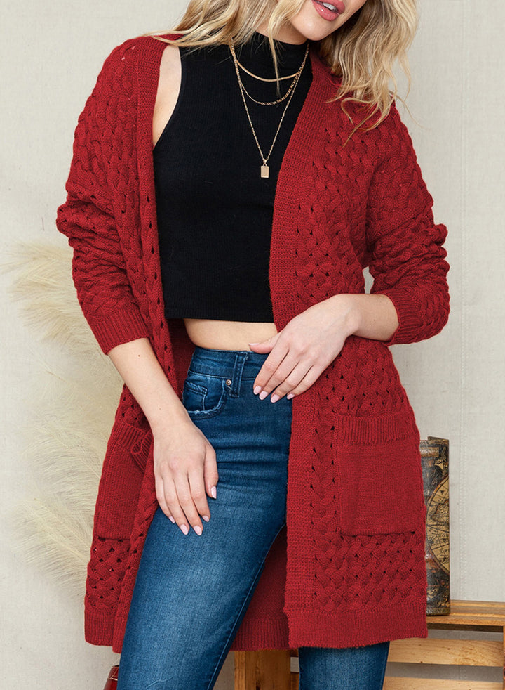 LC271545-3-S, LC271545-3-M, LC271545-3-L, LC271545-3-XL, LC271545-3-2XL, Red Dokotoo Open Front Woven Texture Knitted Cardigan with Pockets