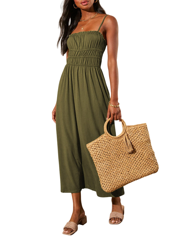 LC6118348-P609-S, LC6118348-P609-M, LC6118348-P609-L, LC6118348-P609-XL, Jungle Green Dokotoo Summer Dress Casual Womens Fashion Sleeveless Midi Dress with Pockets Pleat Long Tiered Maxi Dress