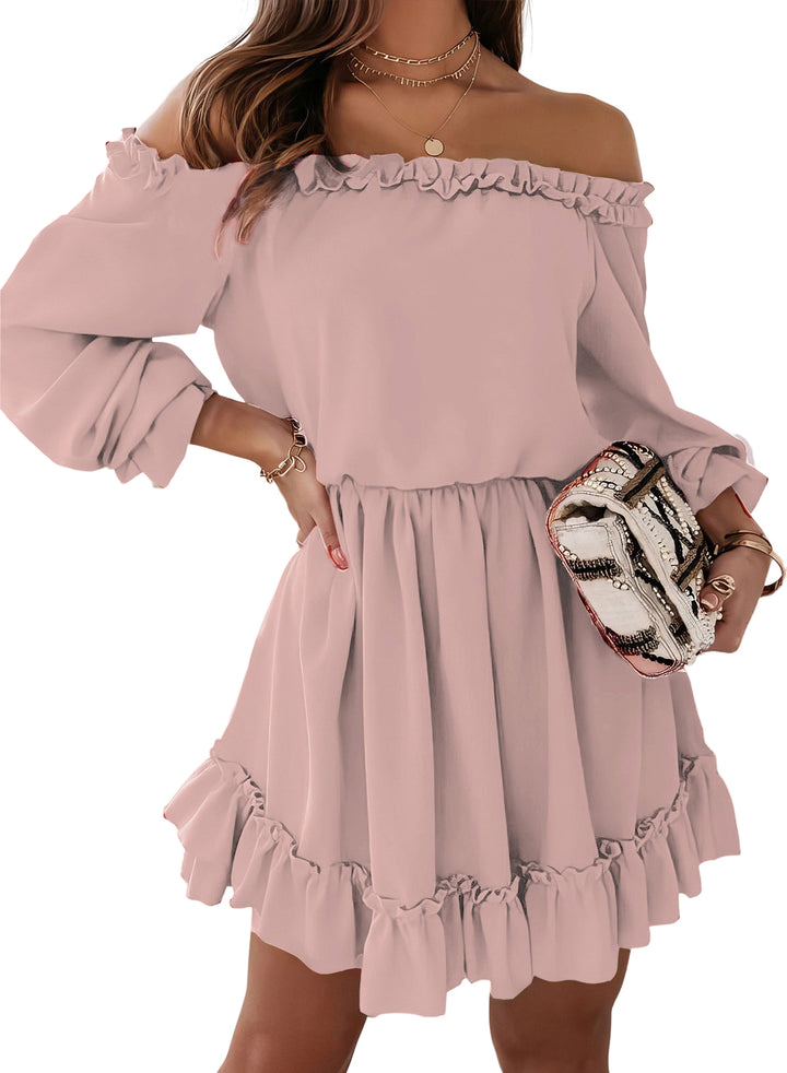 LC6116452-10-S, LC6116452-10-M, LC6116452-10-L, LC6116452-10-XL, Pink Dokotoo Womens Spring 2024 Ruffle Off Shoulder Dress Long Sleeve Elastic Waist A-Line Casual Swing Mini Dresses