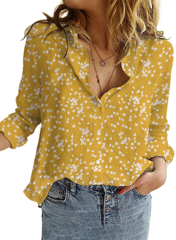 LC2554302-P7-S, LC2554302-P7-M, LC2554302-P7-L, LC2554302-P7-XL, LC2554302-P7-2XL, Yellow Dokotoo Women's Casual V Neck Alicia Floral Print Roll Up Long Sleeve Chiffon Button Down Blouses Bohemian Top Shirts