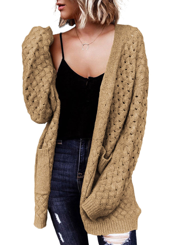 LC271545-16-S, LC271545-16-M, LC271545-16-L, LC271545-16-XL, LC271545-16-2XL, Khaki Dokotoo Open Front Woven Texture Knitted Cardigan with Pockets