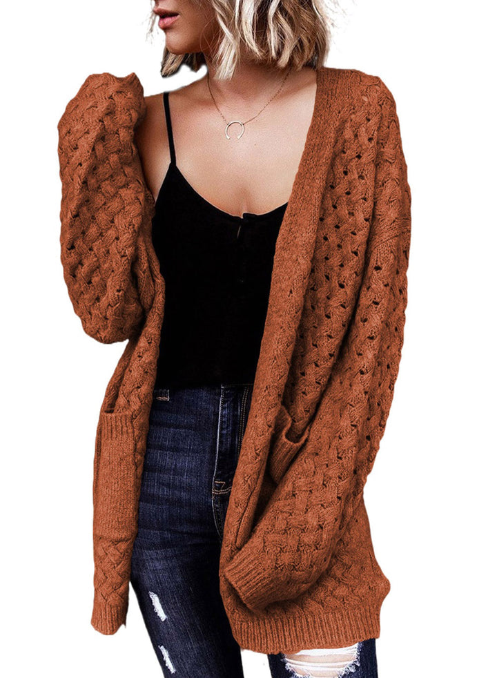LC271545-17-S, LC271545-17-M, LC271545-17-L, LC271545-17-XL, LC271545-17-2XL, Brown Dokotoo Open Front Woven Texture Knitted Cardigan with Pockets