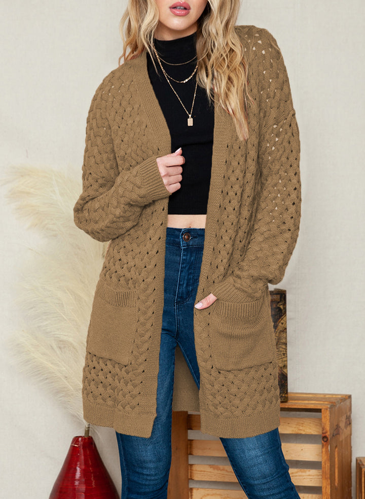 LC271545-16-S, LC271545-16-M, LC271545-16-L, LC271545-16-XL, LC271545-16-2XL, Khaki Dokotoo Open Front Woven Texture Knitted Cardigan with Pockets