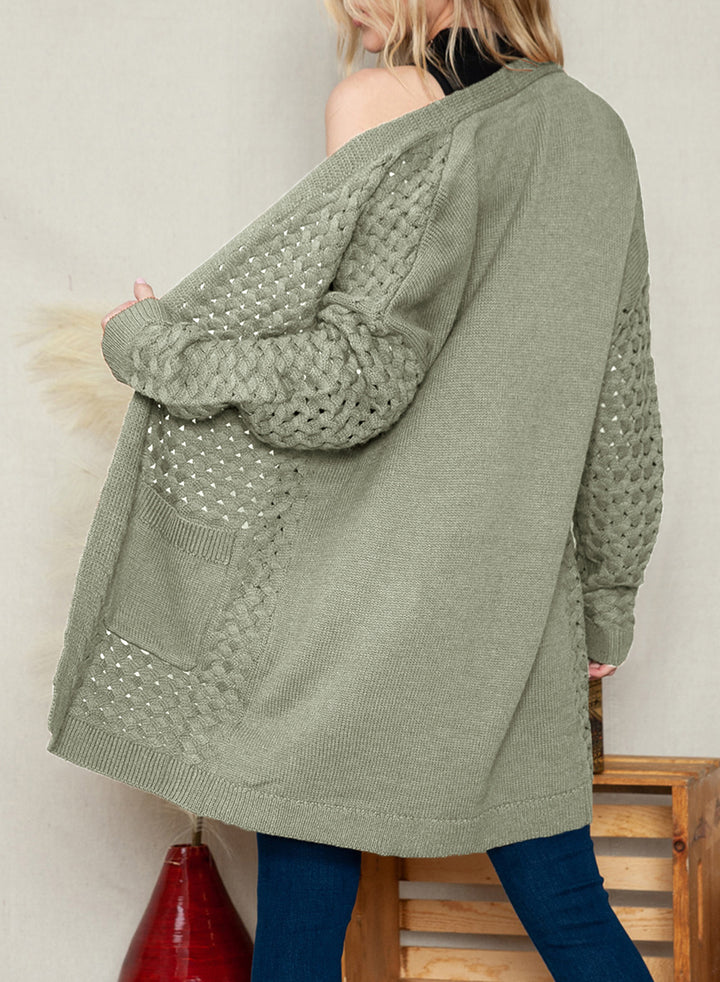 LC271545-11-S, LC271545-11-M, LC271545-11-L, LC271545-11-XL, LC271545-11-2XL, Gray Dokotoo Open Front Woven Texture Knitted Cardigan with Pockets