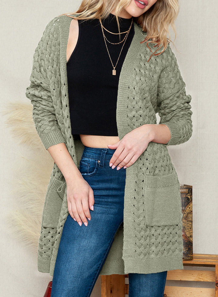 LC271545-11-S, LC271545-11-M, LC271545-11-L, LC271545-11-XL, LC271545-11-2XL, Gray Dokotoo Open Front Woven Texture Knitted Cardigan with Pockets