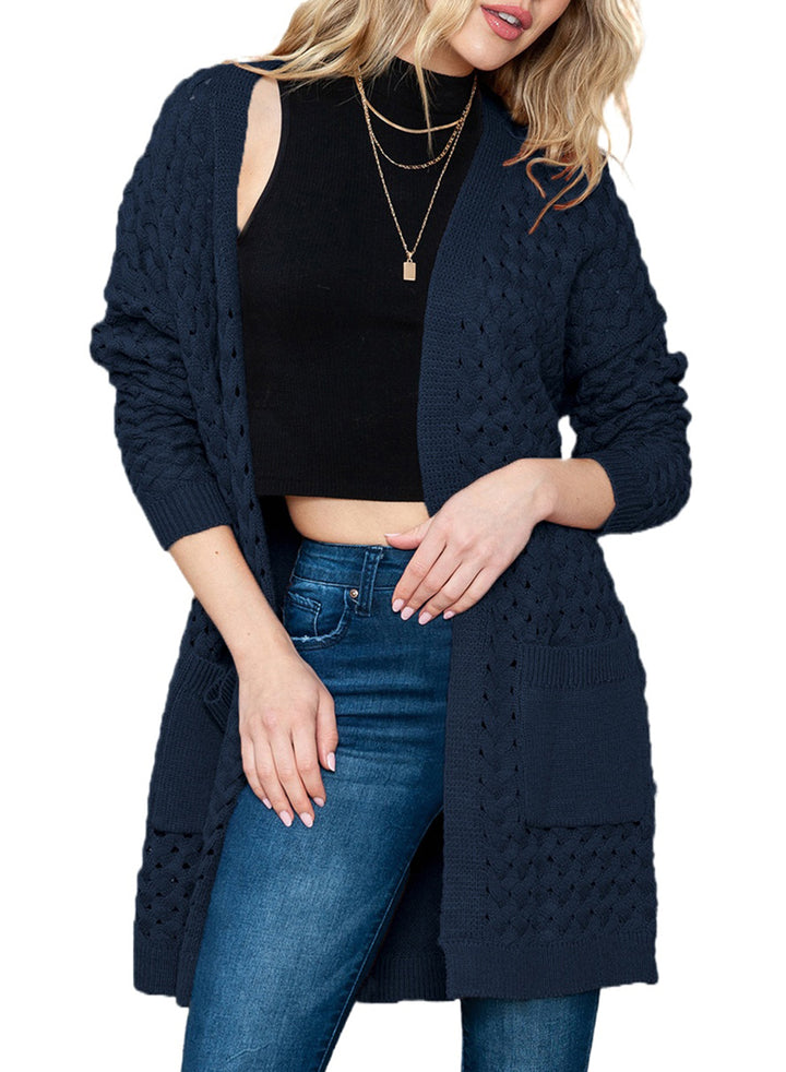 LC271545-5-S, LC271545-5-M, LC271545-5-L, LC271545-5-XL, LC271545-5-2XL, Blue Dokotoo Open Front Woven Texture Knitted Cardigan with Pockets