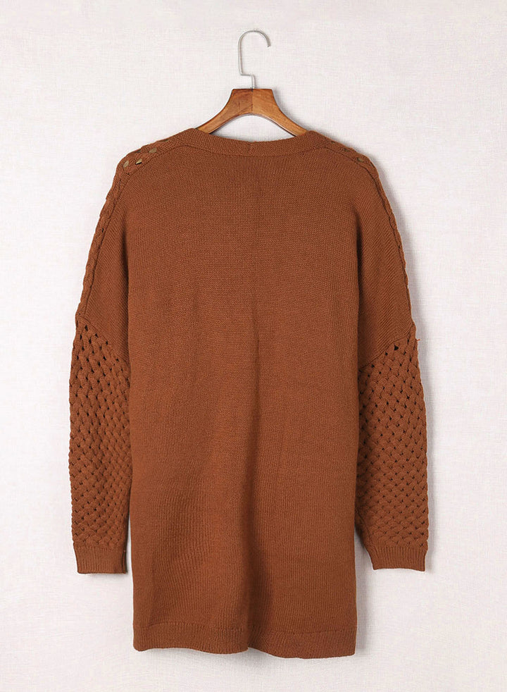 LC271545-17-S, LC271545-17-M, LC271545-17-L, LC271545-17-XL, LC271545-17-2XL, Brown Dokotoo Open Front Woven Texture Knitted Cardigan with Pockets