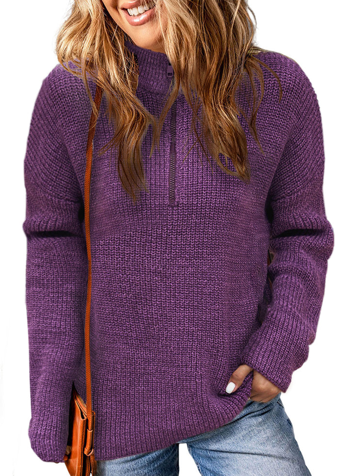 LC2722225-8-S, LC2722225-8-M, LC2722225-8-L, LC2722225-8-XL, LC2722225-8-2XL, Purple Dokotoo Zipped Turtleneck Drop Shoulder Knit Sweater