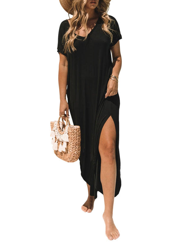 LC6118514-P2-S, LC6118514-P2-M, LC6118514-P2-L, LC6118514-P2-XL, Black Dokotoo Womens Summer Fashion Long Dress Short Sleeve Casual Loose Split Maxi Beach Dresses with Pockets