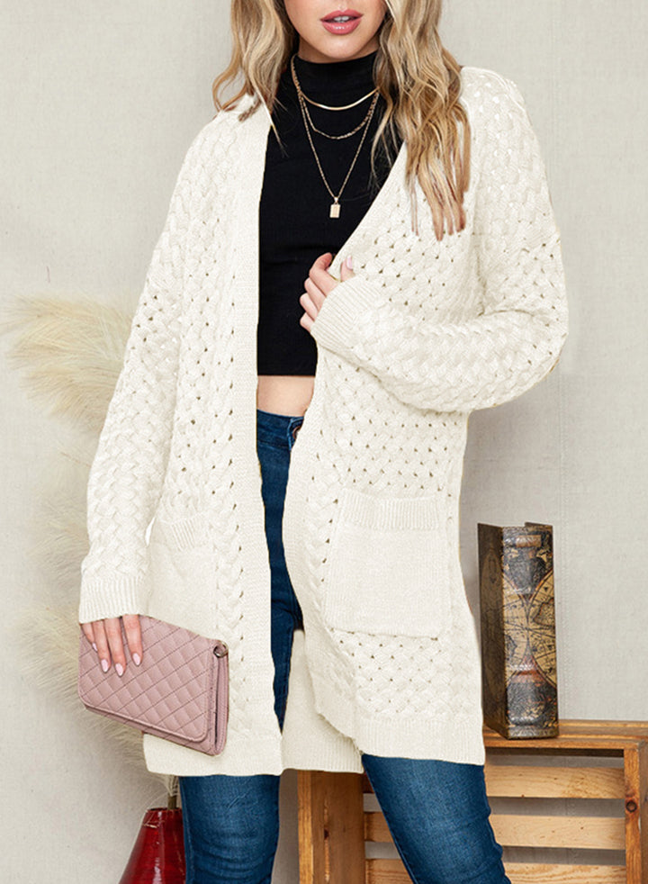 LC271545-1-S, LC271545-1-M, LC271545-1-L, LC271545-1-XL, LC271545-1-2XL, White Dokotoo Open Front Woven Texture Knitted Cardigan with Pockets
