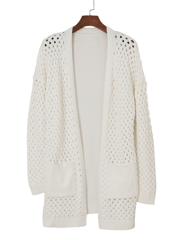 LC271545-1-S, LC271545-1-M, LC271545-1-L, LC271545-1-XL, LC271545-1-2XL, White Dokotoo Open Front Woven Texture Knitted Cardigan with Pockets