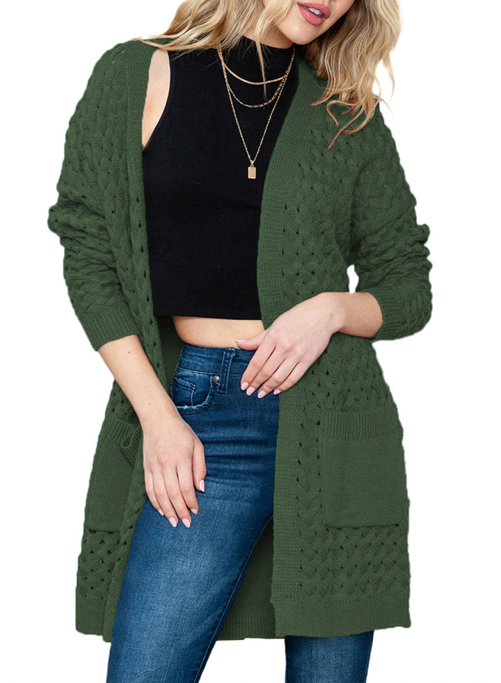 LC271545-9-S, LC271545-9-M, LC271545-9-L, LC271545-9-XL, LC271545-9-2XL, Green Dokotoo Open Front Woven Texture Knitted Cardigan with Pockets