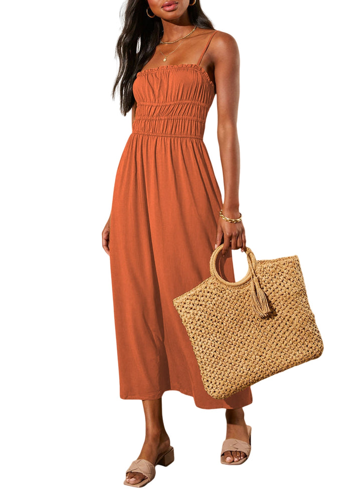 LC6118348-P14-S, LC6118348-P14-M, LC6118348-P14-L, LC6118348-P14-XL, Orange Dokotoo Summer Dress Casual Womens Fashion Sleeveless Midi Dress with Pockets Pleat Long Tiered Maxi Dress