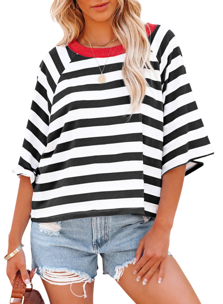 LC25223245-P219-S, LC25223245-P219-M, LC25223245-P219-L, LC25223245-P219-XL, Black Stripe Dokotoo Tops for Women Striped 2024 Fashion T Shirts for Women Color Blocking Design Loose Basic Tee