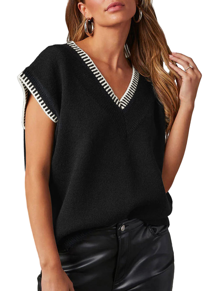 LC2724349-P2-S, LC2724349-P2-M, LC2724349-P2-L, LC2724349-P2-XL, Black Dokotoo Women's V Neck Sleeveless Sweater Vest Casual Solid Cap Sleeve Knit Pullover Tank Tops 2024 Clothes