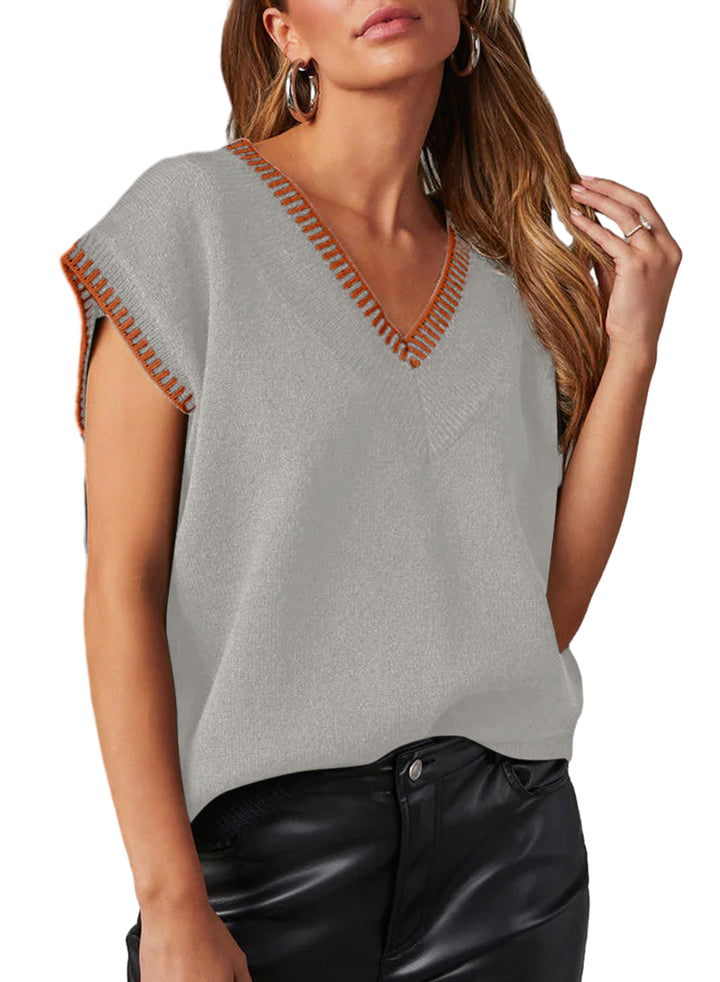 LC2724349-P11-S, LC2724349-P11-M, LC2724349-P11-L, LC2724349-P11-XL, Gray Dokotoo Women's V Neck Sleeveless Sweater Vest Casual Solid Cap Sleeve Knit Pullover Tank Tops 2024 Clothes