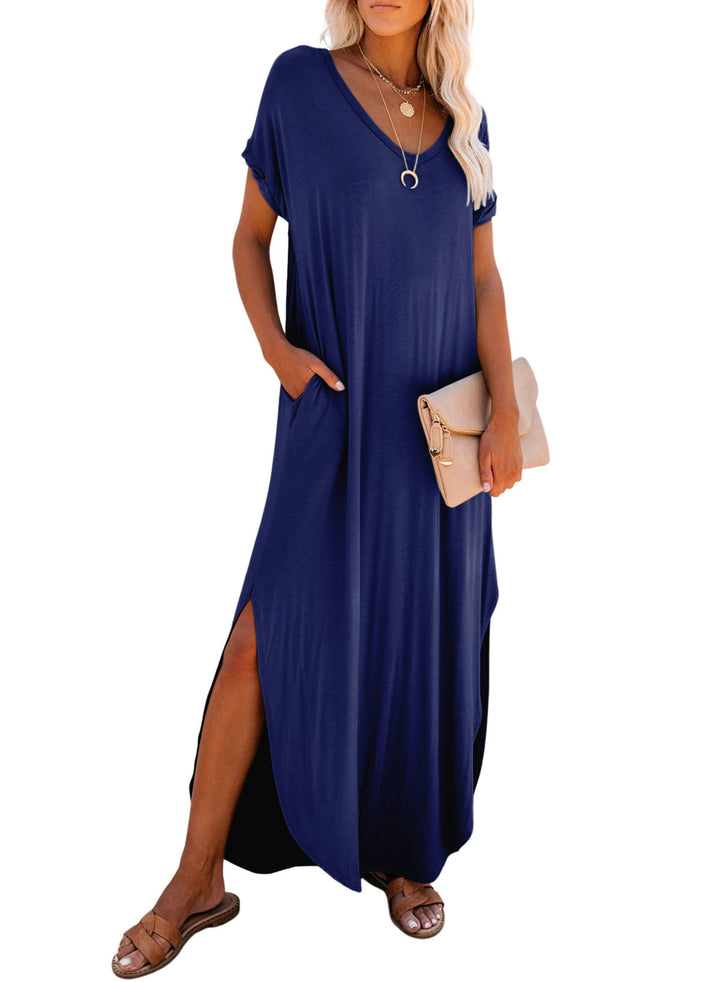LC6118514-P5-S, LC6118514-P5-M, LC6118514-P5-L, LC6118514-P5-XL, Dark Blue Dokotoo Womens Summer Fashion Long Dress Short Sleeve Casual Loose Split Maxi Beach Dresses with Pockets