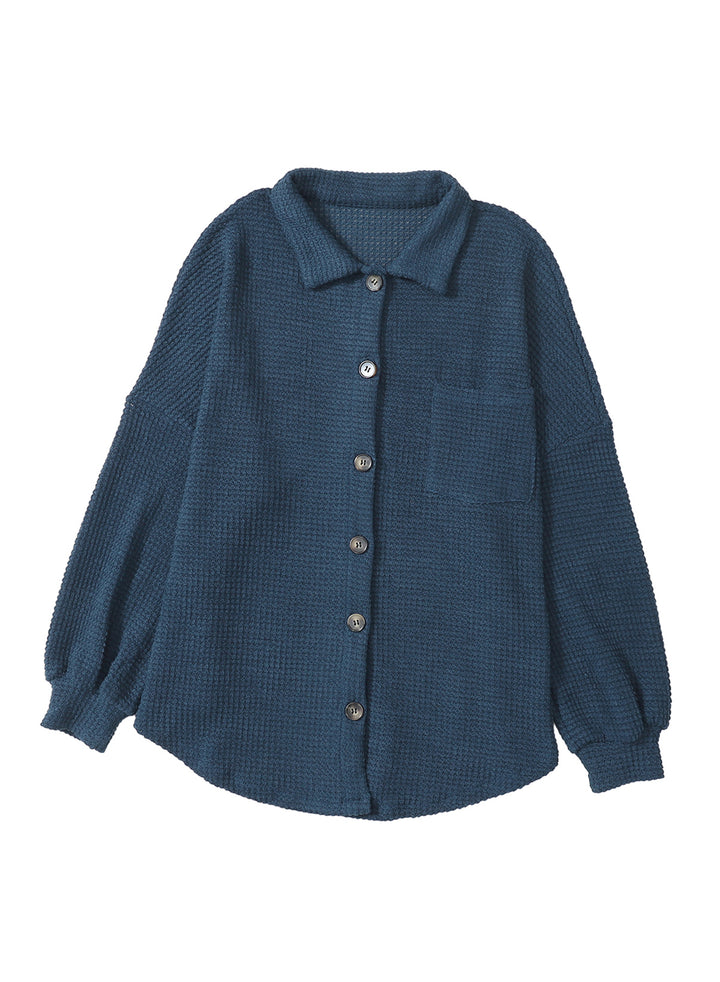 LC2552552-5-S, LC2552552-5-M, LC2552552-5-L, LC2552552-5-XL, LC2552552-5-2XL, Blue Dokotoo Waffle Knit Button Up Casual Blouse