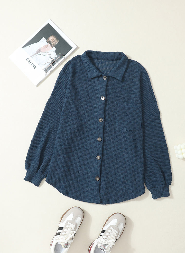 LC2552552-5-S, LC2552552-5-M, LC2552552-5-L, LC2552552-5-XL, LC2552552-5-2XL, Blue Dokotoo Waffle Knit Button Up Casual Blouse