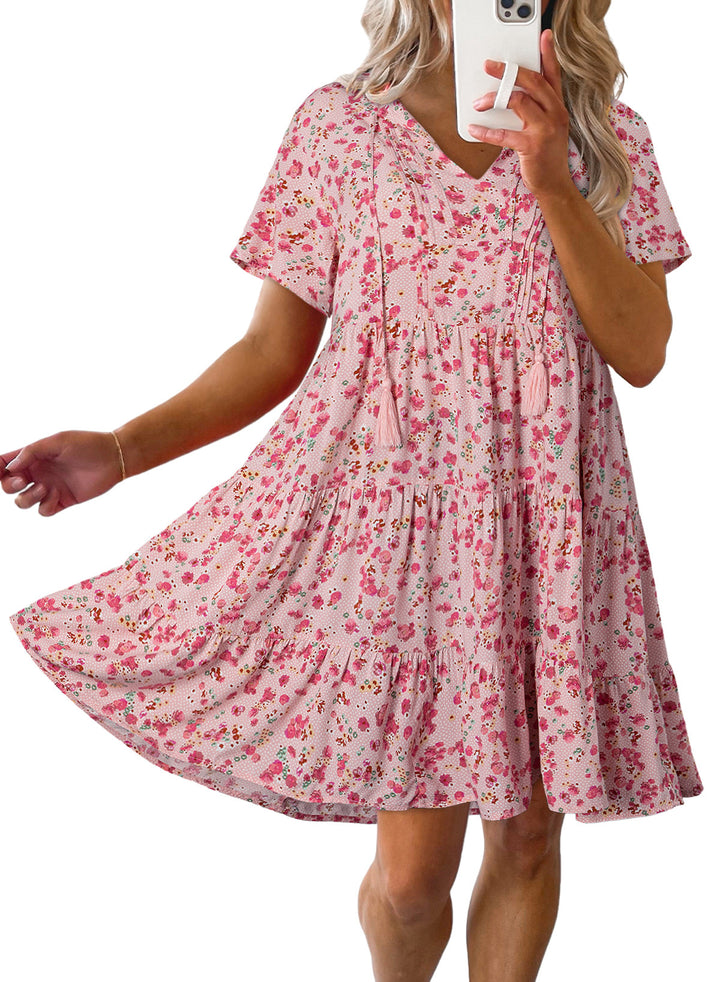LC6118511-P1020-S, LC6118511-P1020-M, LC6118511-P1020-L, LC6118511-P1020-XL, Pink Dokotoo Womens Summer Casual Boho Floral Dresses V Neck Short Sleeve Flowy Swing A-Line Mini Dress