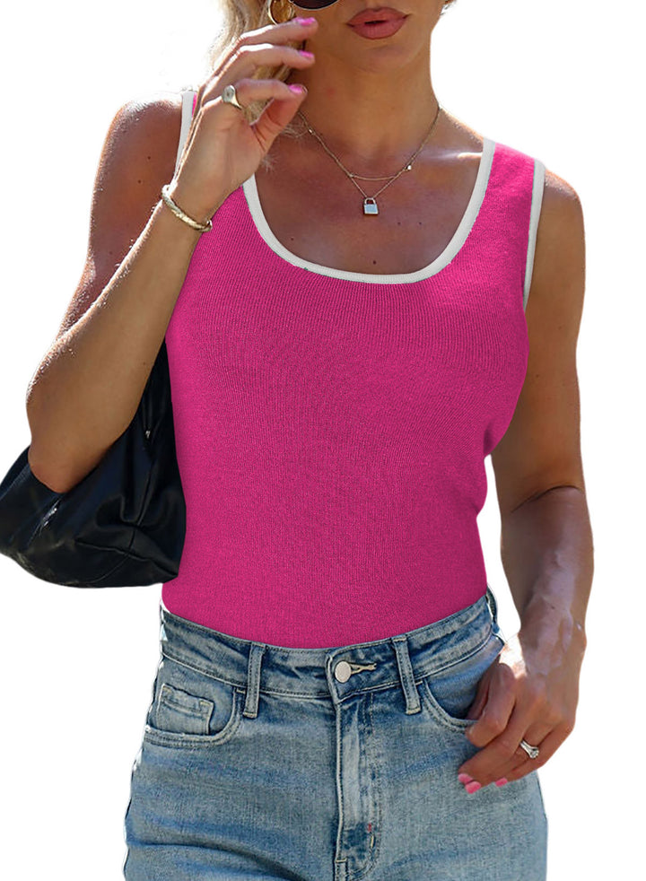 LC276162-P6-S, LC276162-P6-M, LC276162-P6-L, LC276162-P6-XL, LC276162-P6-2XL, Rose Red Dokotoo Womens Tank Tops Summer Sleeveless Scoop Neck Ribbed Knit Color Block Basic Slim Fitted Cami Tee Shirts