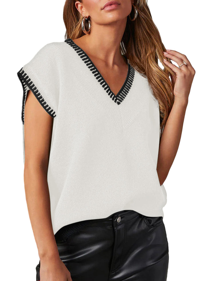 LC2724349-P1-S, LC2724349-P1-M, LC2724349-P1-L, LC2724349-P1-XL, White Dokotoo Women's V Neck Sleeveless Sweater Vest Casual Solid Cap Sleeve Knit Pullover Tank Tops 2024 Clothes