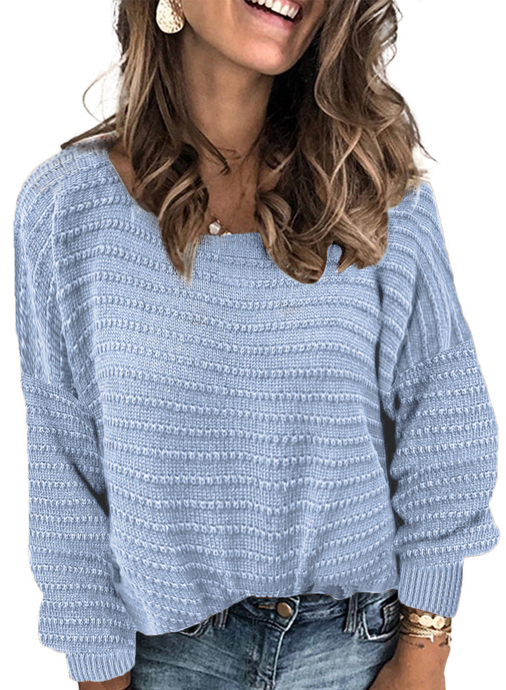 LC2723023-4-S, LC2723023-4-M, LC2723023-4-L, LC2723023-4-XL, LC2723023-4-2XL, Sky Blue Dokotoo Womens Ribbed Knit Textured Drop Shoulder Long Sleeve Crew Neck Pullover Sweaters