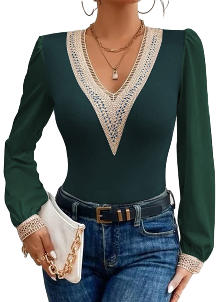 LC6421547-9-S, LC6421547-9-M, LC6421547-9-L, LC6421547-9-XL, LC6421547-9-2XL, Green Dokotoo Women's Lace V Neck Blouses Puff Long Sleeves Dressy Pullover Fashion Fall Shirts Bodysuit Tops