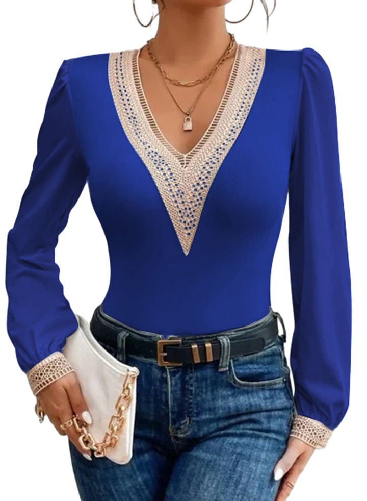 LC6421547-5-S, LC6421547-5-M, LC6421547-5-L, LC6421547-5-XL, LC6421547-5-2XL, Blue Dokotoo Women's Lace V Neck Blouses Puff Long Sleeves Dressy Pullover Fashion Fall Shirts Bodysuit Tops