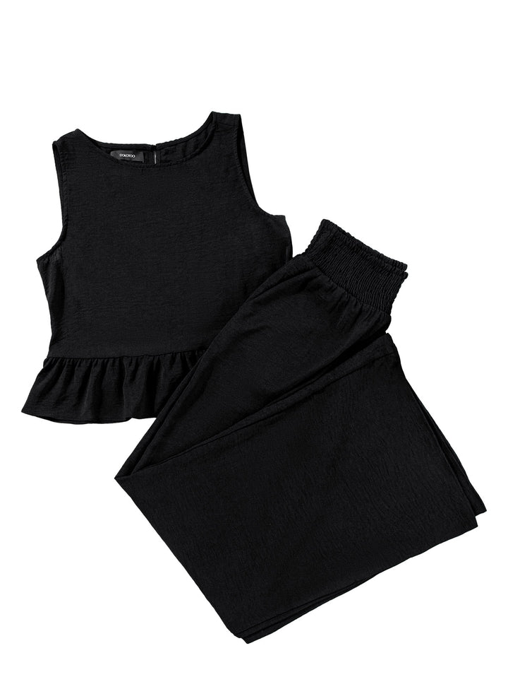 LC625433-P2-S, LC625433-P2-M, LC625433-P2-L, LC625433-P2-XL, Black Dokotoo Pants Sets Women 2 Piece Outfits Sleeveless Round Neck Tank Tops Matching Sets for Women Elastic Waist Wide Leg
