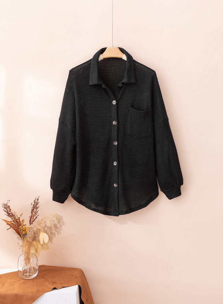 LC2552552-2-S, LC2552552-2-M, LC2552552-2-L, LC2552552-2-XL, LC2552552-2-2XL, Black Dokotoo Waffle Knit Button Up Casual Blouse
